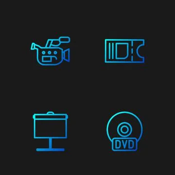 Set line CD or DVD disk, Projection screen, Cinema camera and ticket. Gradien Stock Illustration