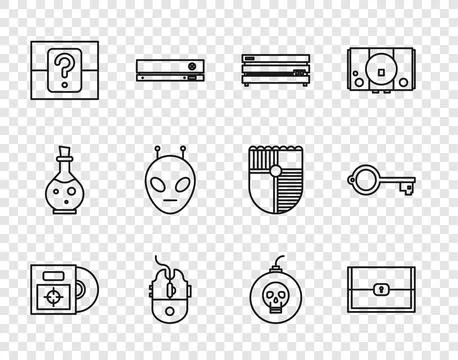Set line CD or DVD disk in box, Chest for game, Video console, Computer mouse Stock Illustration