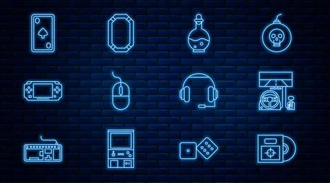 Set line CD or DVD disk in box, Racing simulator cockpit, Bottle with magic Stock Illustration