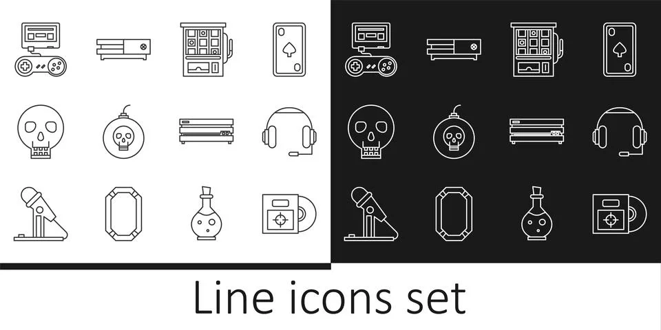 Set line CD or DVD disk in box, Headphones, Slot machine, Bomb ready to explode Stock Illustration