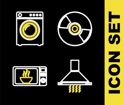 Set line CD or DVD disk, Kitchen extractor fan, Microwave oven and Washer i.. Illustrazione stock