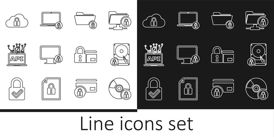 Set line CD or DVD disk with lock, Hard drive and, Folder, Lock on monitor,.. Illustrazione stock