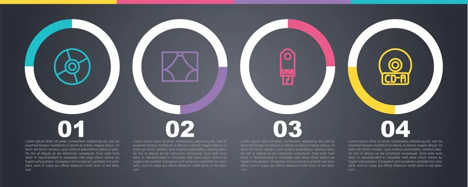 Set line CD or DVD disk, Curtain, USB flash drive and . Business infographic  Stock Illustration