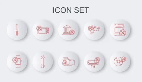 Set line CD or DVD disk service, Smartwatch, Bank building, Air conditioner.. Ilustración de archivo