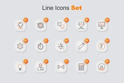 Set line CD or DVD disk, Calculator, Molecule, Teacher, Creative lamp light.. Stock Illustration