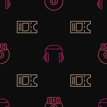 Set line CD or DVD disk, Cinema ticket and Headphones on seamless pattern. .. Illustrazione stock
