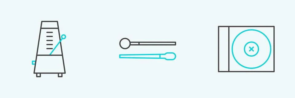 Set line CD or DVD disk, Metronome with pendulum in motion and Drum sticks .. Stock Illustration