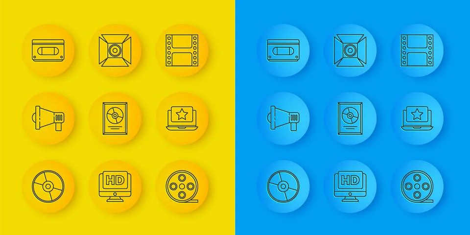Set line CD or DVD disk, Megaphone, award in frame, Film reel, Laptop with .. Stock-Illustration