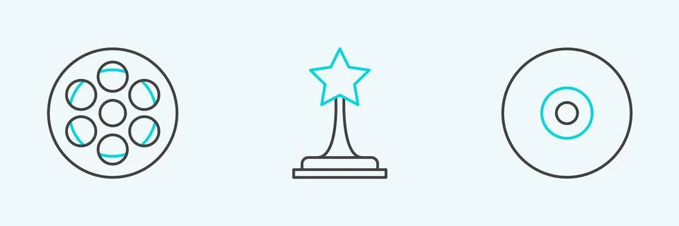 Set line CD or DVD disk, Film reel and Movie trophy icon. Vector Illustrazione stock