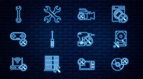 Set line CD or DVD disk service, Hard drive, Video camera, Screwdriver, Gam.. Stock Illustration