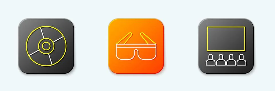 Set line CD or DVD disk, 3D cinema glasses and Cinema auditorium with scree.. Stock Illustration
