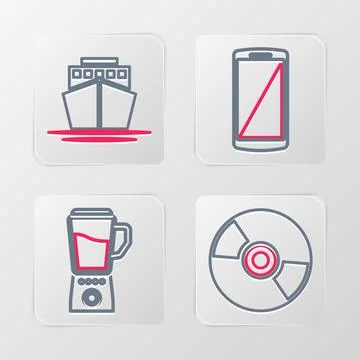 Set line CD or DVD disk, Blender, Smartphone, mobile phone and Ship icon. V.. Stock Illustration
