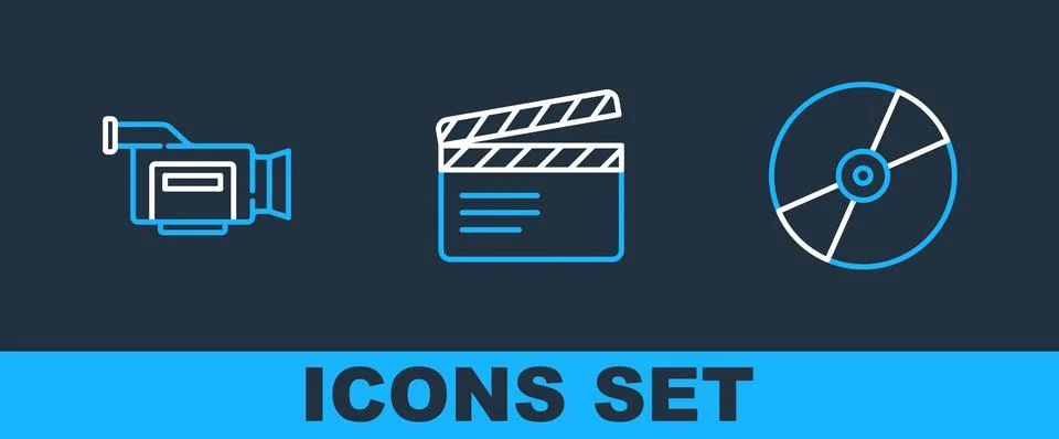 Set line CD or DVD disk, Cinema camera and Movie clapper icon. Vector Stock Illustration
