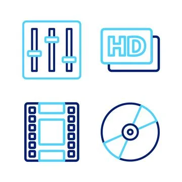 Set line CD or DVD disk, Play Video, Hd movie, tape, frame and Sound mixer .. Stock Illustration