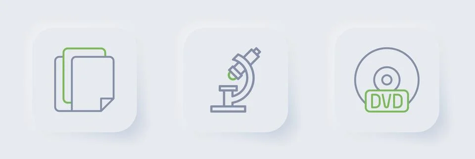 Set line CD or DVD disk, Microscope and File document icon. Vector Illustrazione stock