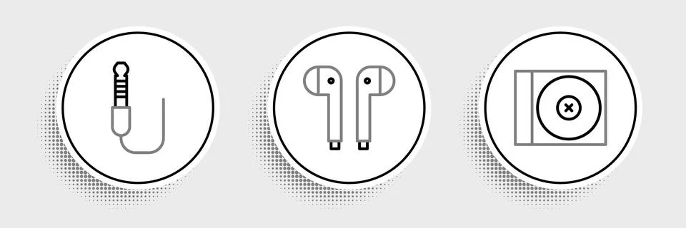 Set line CD or DVD disk, Audio jack and Air headphones icon. Vector Stock Illustration