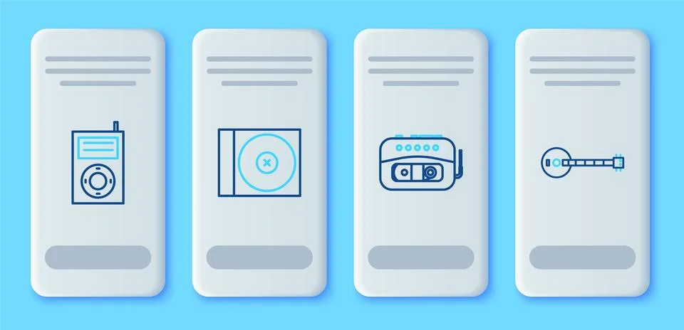 Set line CD or DVD disk, Music tape player, MP3 and Banjo icon. Vector Stock Illustration