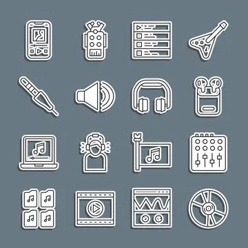 Set line CD or DVD disk, Sound mixer controller, Air headphones in box, Mus.. Stock Illustration