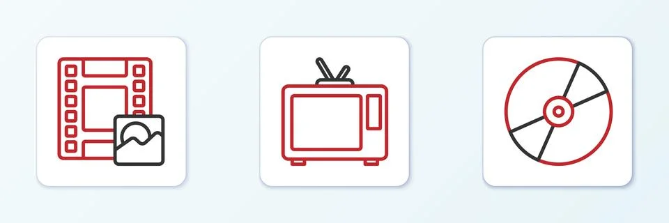 Set line CD or DVD disk, Play Video and Retro tv icon. Vector Stock Illustration