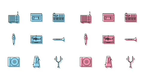 Set line CD or DVD disk, Metronome with pendulum in motion, Radio antenna, .. Stock Illustration