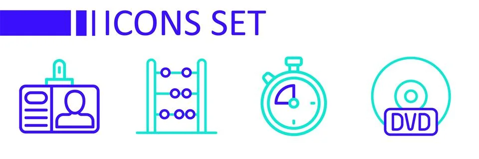 Set line CD or DVD disk, Stopwatch, Abacus and Identification badge icon. V.. Stock Illustration