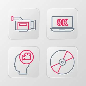 Set line CD or DVD disk, Head with camera, Laptop 8k and Cinema icon. Vector Stock Illustration