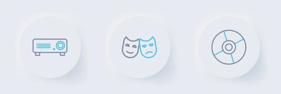 Set line CD or DVD disk, Comedy and tragedy masks and Movie, film, media pr.. Stock Illustration