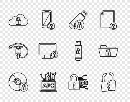 Set line CD or DVD disk with lock, Broken cracked, USB flash drive, Compute.. Stock Illustration