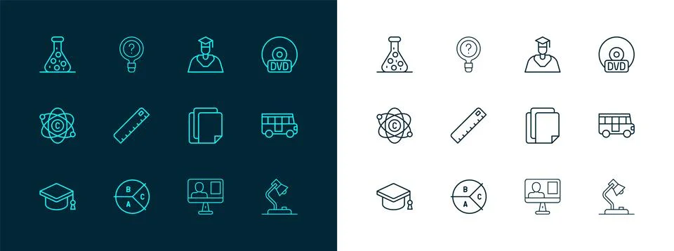 Set line CD or DVD disk, Pie chart infographic, File document, Online class.. Stock Illustration