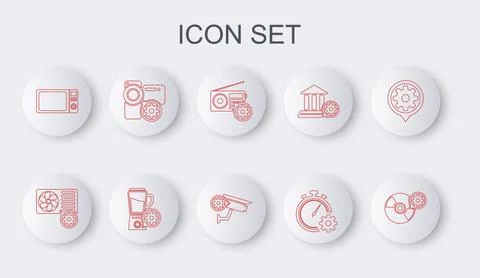 Set line CD or DVD disk setting, Air conditioner, Radio, Time management, M.. Stock Illustration