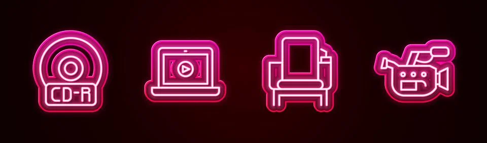 Set line CD or DVD disk, Online play video, Cinema chair and camera. Glowin.. Stock Illustration