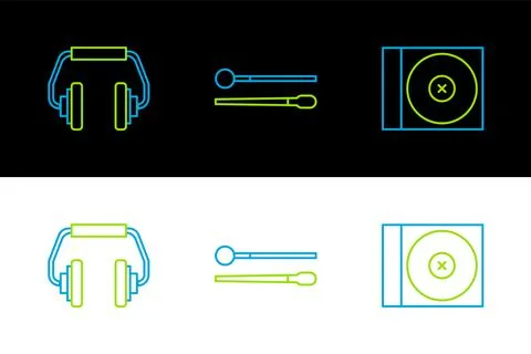 Set line CD or DVD disk, Headphones and Drum sticks icon. Vector Stock Illustration