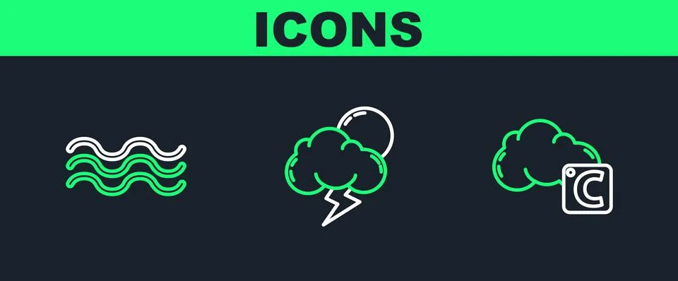 Set line Celsius and cloud, Waves and Storm icon. Vector Stock Illustration