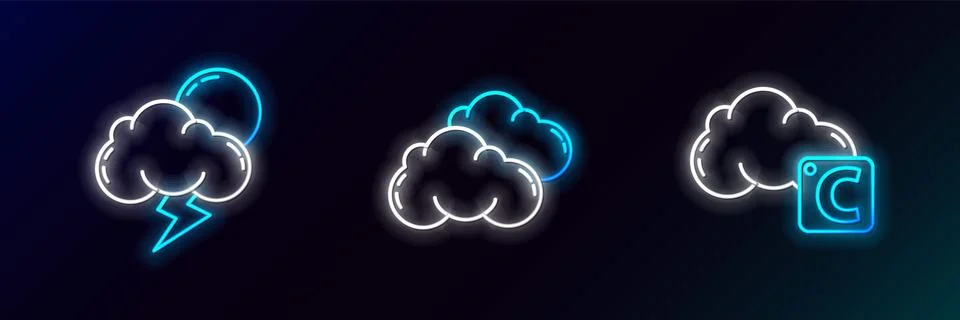 Set line Celsius and cloud, Storm and Cloud icon. Glowing neon. Vector Stock Illustration