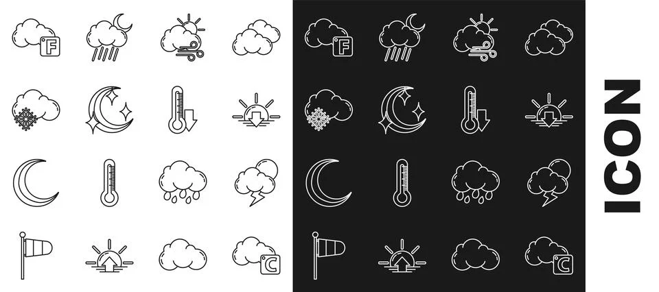 Set line Celsius and cloud, Storm, Sunset, Windy weather, Moon stars, Cloud.. Stock Illustration