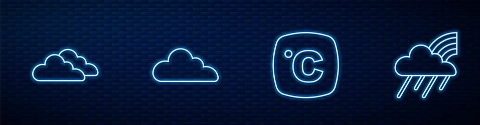 Set line Celsius, Cloud, and Rainbow with cloud and rain. Glowing neon icon on Stock Illustration