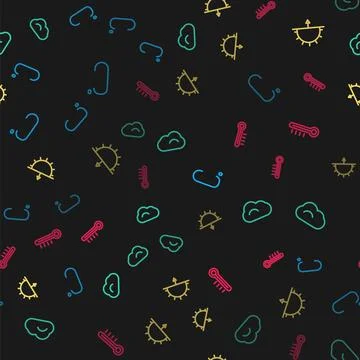 Set line Celsius, Cloud, Sunset and Meteorology thermometer on seamless patte Stock Illustration