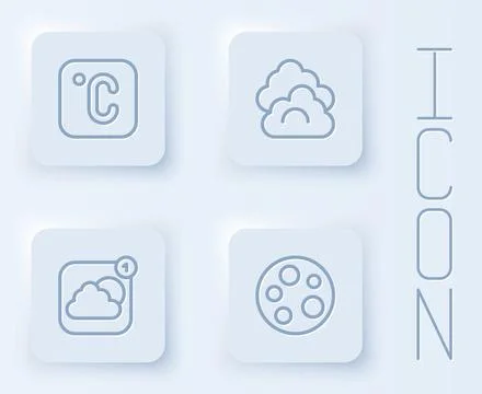 Set line Celsius, Cloud, Weather forecast app and Moon. White square button.  Stock Illustration