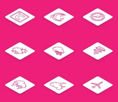 Set line Celsius, Moon and stars, Wind rose, Cloud with rain sun, Windy wea.. Ilustração Stock