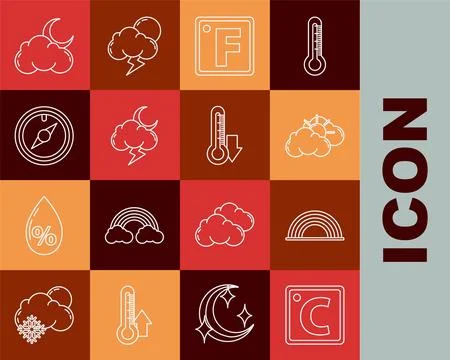 Set line Celsius, Rainbow with clouds, Sun and weather, Fahrenheit, Storm, Wind Stockillustratie