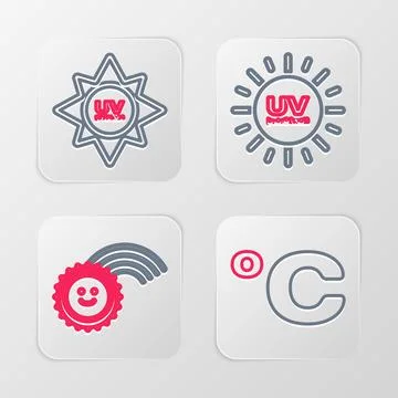Set line Celsius, Rainbow with sun, UV protection and  icon. Vector Illustrazione stock