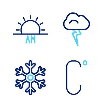 Set line Celsius, Snowflake, Storm and Sunrise icon. Vector Stock Illustration