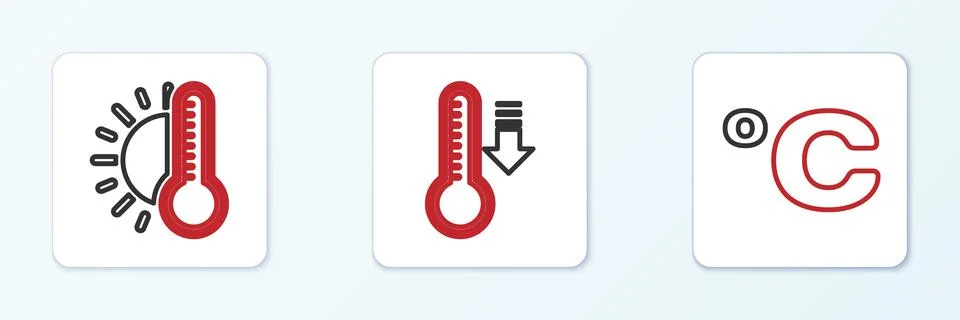 Set line Celsius, Thermometer with sun and Meteorology thermometer icon. Vect Stock Illustration