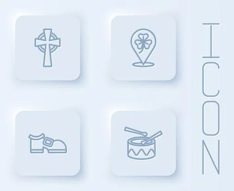Set line Celtic cross, Clover trefoil leaf, Leprechaun boot and Drum with drum Stock Illustration