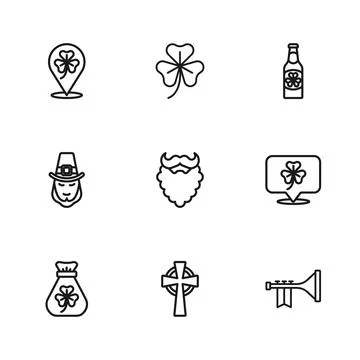Set line Celtic cross, Clover trefoil leaf, Trumpet, Mustache and beard, Be.. Stock Illustration
