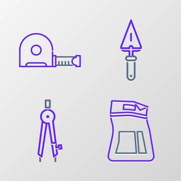 Set line Cement bag, Drawing compass, Trowel and Roulette construction icon Illustration
