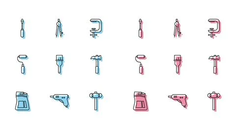 Set line Cement bag, Electric hot glue gun, Screwdriver, Sledgehammer, Paint Stock Illustration