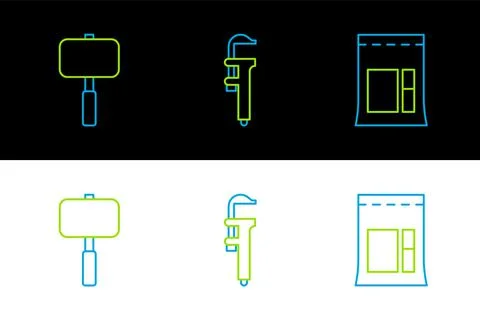Set line Cement bag, Sledgehammer and Calliper or caliper and scale icon. Vector Stock Illustration