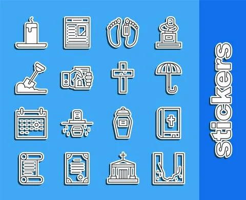 Set line Cemetery digged grave hole, Holy bible book, Umbrella, Dead body, Death Stock Illustration