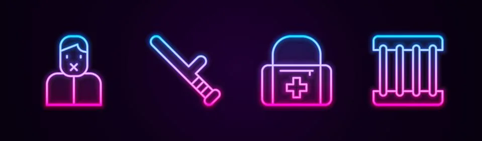 Set line Censor and freedom of speech, Police rubber baton, First aid kit and Stock Illustration